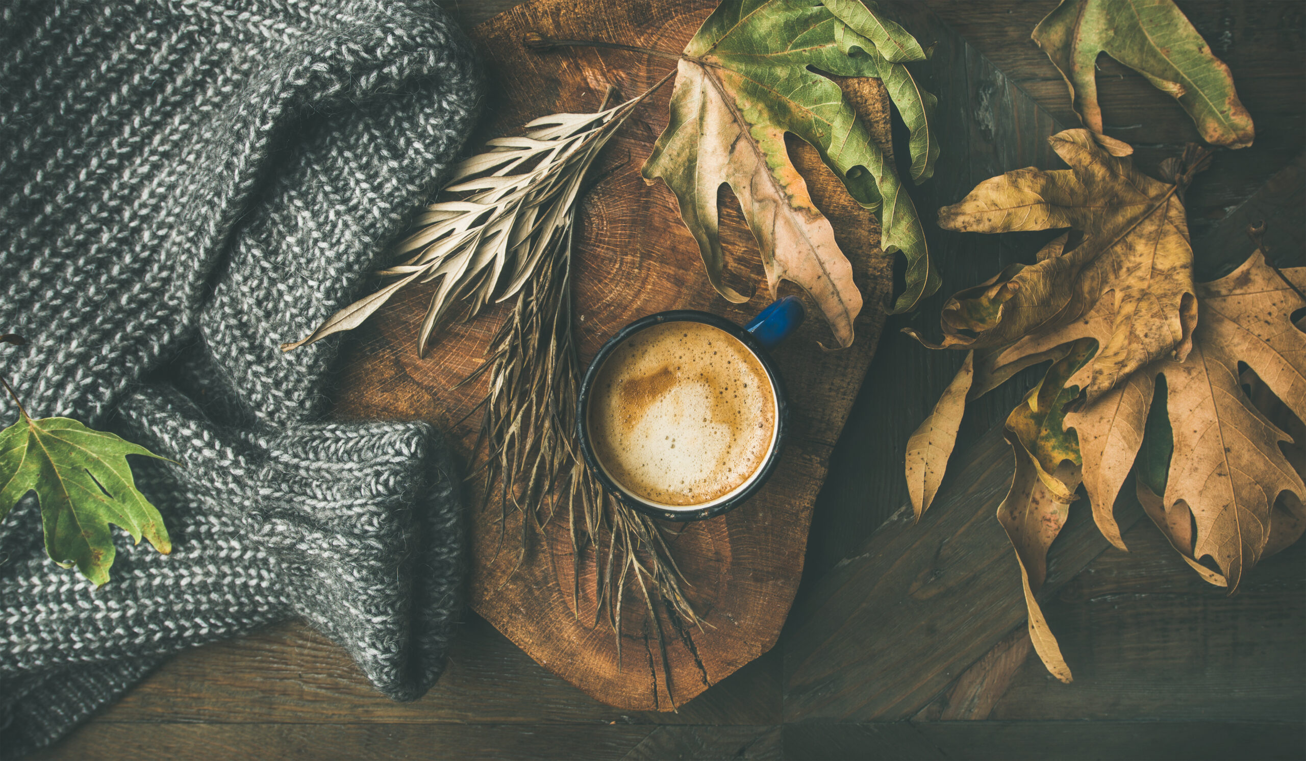 Autumn Morning Coffee Concept With Leaves And Woolen Sweater